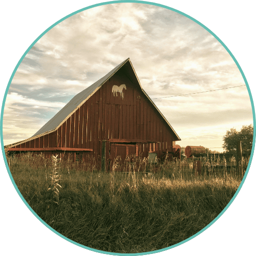 A photo of a rustic red barn on a grassy field under a cloudy sky